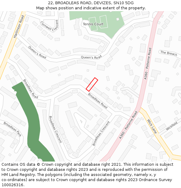 22, BROADLEAS ROAD, DEVIZES, SN10 5DG: Location map and indicative extent of plot