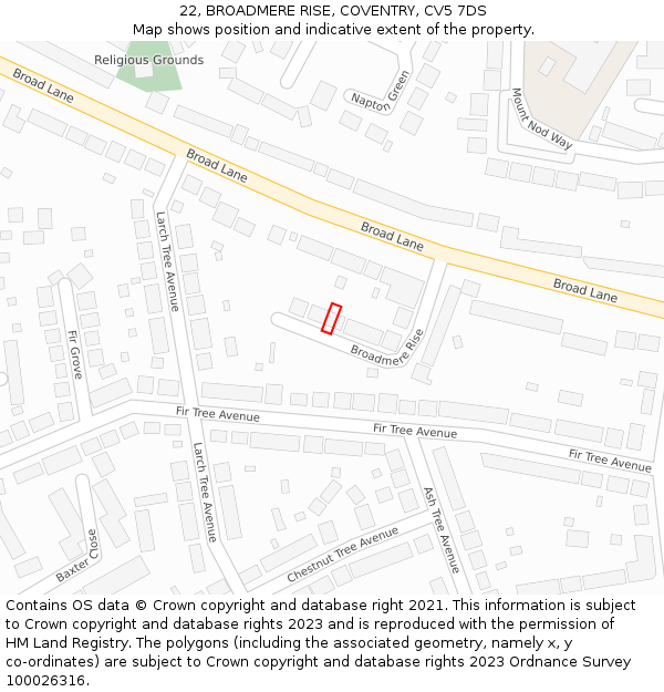 22, BROADMERE RISE, COVENTRY, CV5 7DS: Location map and indicative extent of plot