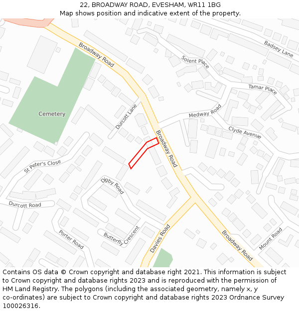 22, BROADWAY ROAD, EVESHAM, WR11 1BG: Location map and indicative extent of plot