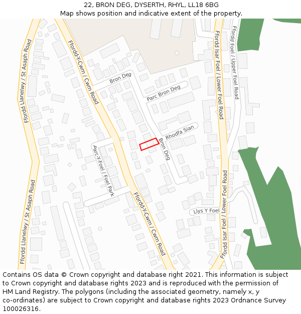 22, BRON DEG, DYSERTH, RHYL, LL18 6BG: Location map and indicative extent of plot