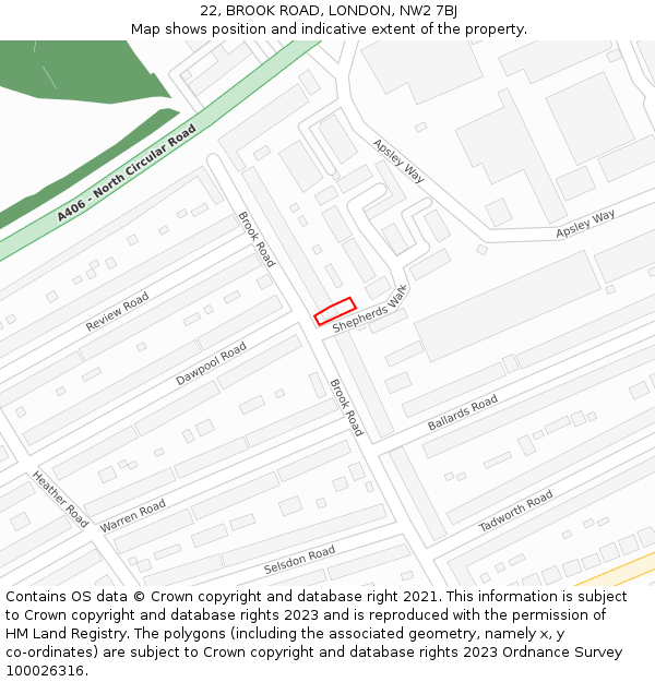 22, BROOK ROAD, LONDON, NW2 7BJ: Location map and indicative extent of plot