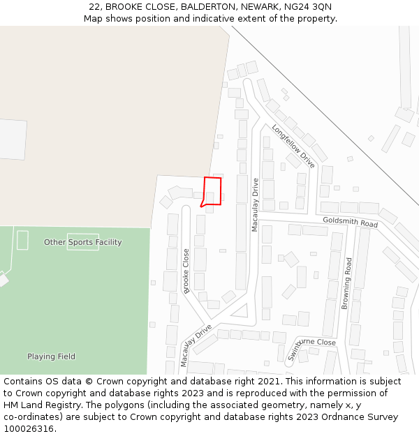 22, BROOKE CLOSE, BALDERTON, NEWARK, NG24 3QN: Location map and indicative extent of plot