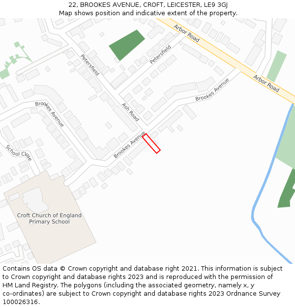 22, BROOKES AVENUE, CROFT, LEICESTER, LE9 3GJ: Location map and indicative extent of plot