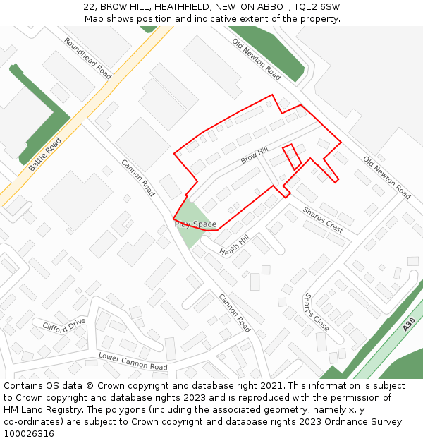 22, BROW HILL, HEATHFIELD, NEWTON ABBOT, TQ12 6SW: Location map and indicative extent of plot