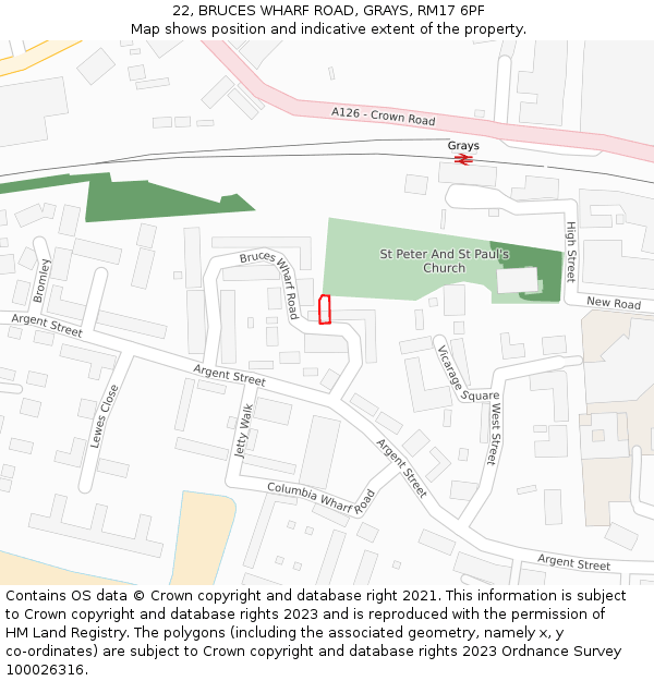 22, BRUCES WHARF ROAD, GRAYS, RM17 6PF: Location map and indicative extent of plot