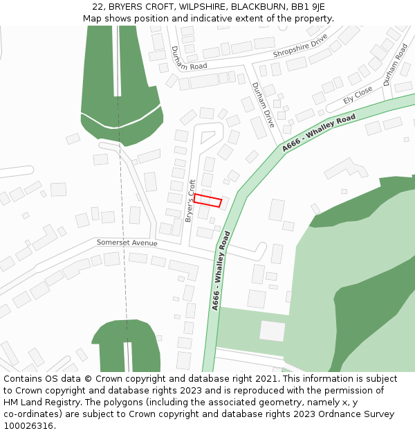 22, BRYERS CROFT, WILPSHIRE, BLACKBURN, BB1 9JE: Location map and indicative extent of plot