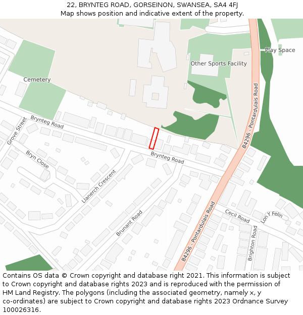 22, BRYNTEG ROAD, GORSEINON, SWANSEA, SA4 4FJ: Location map and indicative extent of plot