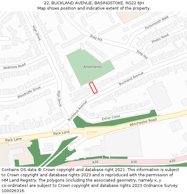 22, BUCKLAND AVENUE, BASINGSTOKE, RG22 6JH: Location map and indicative extent of plot