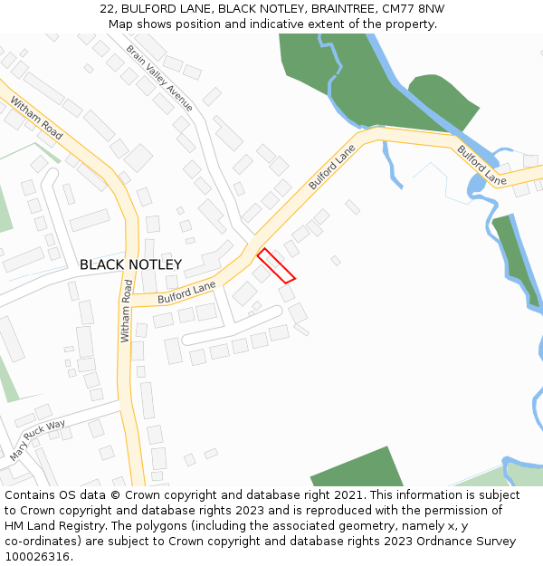 22, BULFORD LANE, BLACK NOTLEY, BRAINTREE, CM77 8NW: Location map and indicative extent of plot