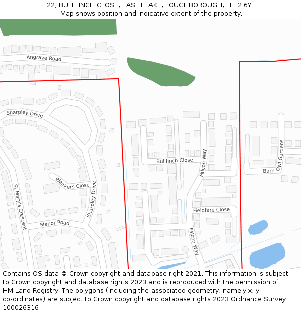 22, BULLFINCH CLOSE, EAST LEAKE, LOUGHBOROUGH, LE12 6YE: Location map and indicative extent of plot