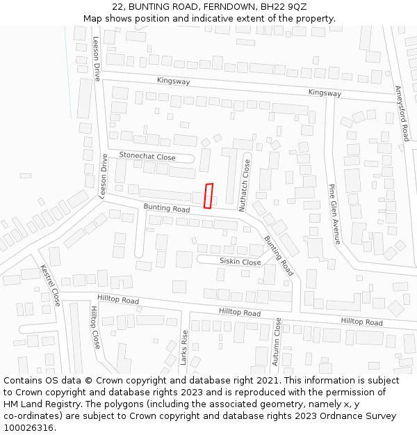 22, BUNTING ROAD, FERNDOWN, BH22 9QZ: Location map and indicative extent of plot