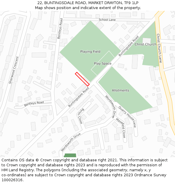 22, BUNTINGSDALE ROAD, MARKET DRAYTON, TF9 1LP: Location map and indicative extent of plot