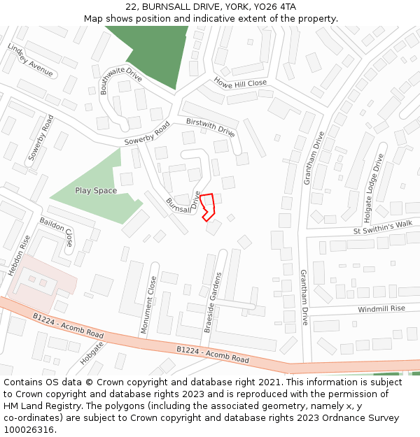22, BURNSALL DRIVE, YORK, YO26 4TA: Location map and indicative extent of plot