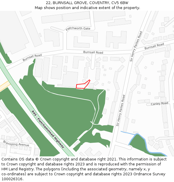 22, BURNSALL GROVE, COVENTRY, CV5 6BW: Location map and indicative extent of plot