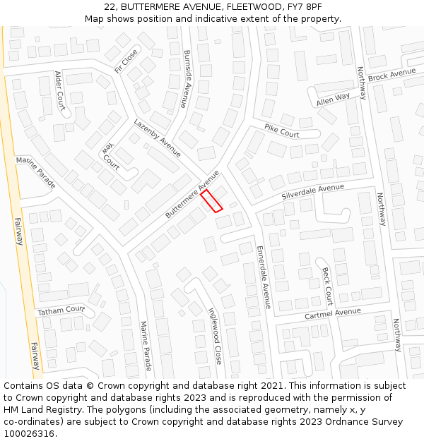 22, BUTTERMERE AVENUE, FLEETWOOD, FY7 8PF: Location map and indicative extent of plot