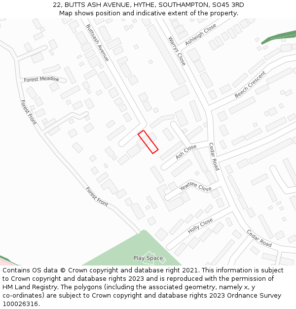 22, BUTTS ASH AVENUE, HYTHE, SOUTHAMPTON, SO45 3RD: Location map and indicative extent of plot