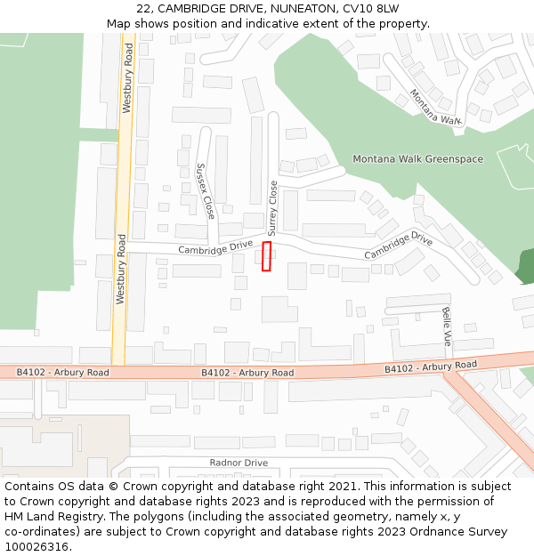 22, CAMBRIDGE DRIVE, NUNEATON, CV10 8LW: Location map and indicative extent of plot