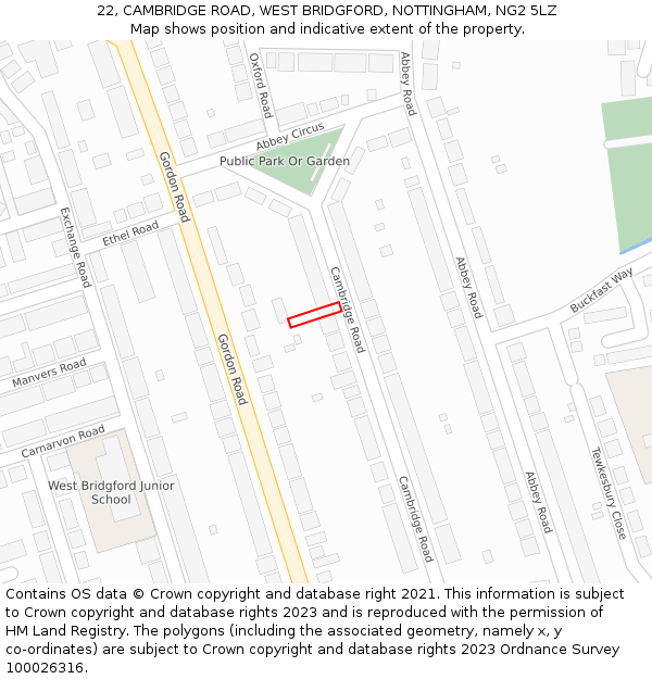 22, CAMBRIDGE ROAD, WEST BRIDGFORD, NOTTINGHAM, NG2 5LZ: Location map and indicative extent of plot