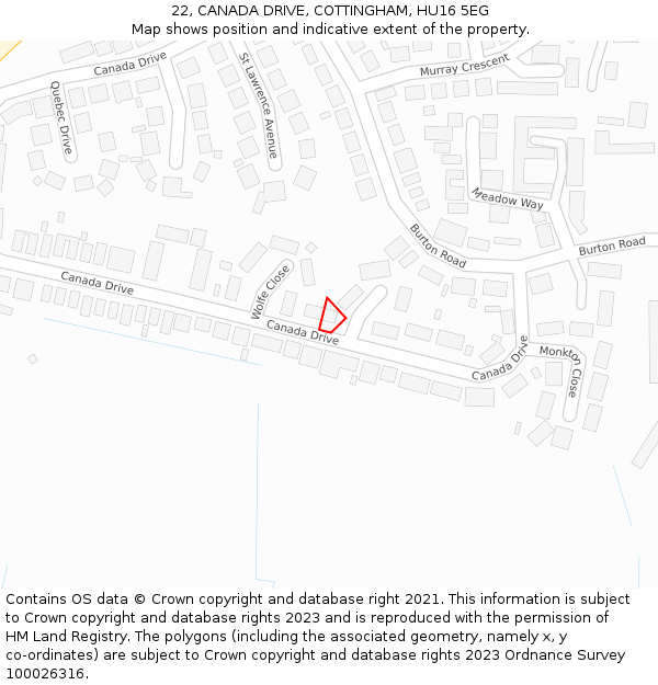 22, CANADA DRIVE, COTTINGHAM, HU16 5EG: Location map and indicative extent of plot