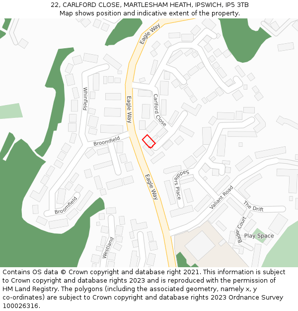 22, CARLFORD CLOSE, MARTLESHAM HEATH, IPSWICH, IP5 3TB: Location map and indicative extent of plot