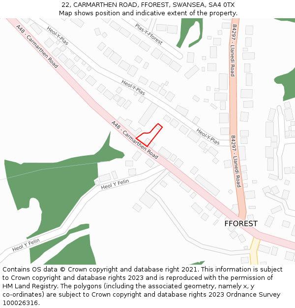 22, CARMARTHEN ROAD, FFOREST, SWANSEA, SA4 0TX: Location map and indicative extent of plot