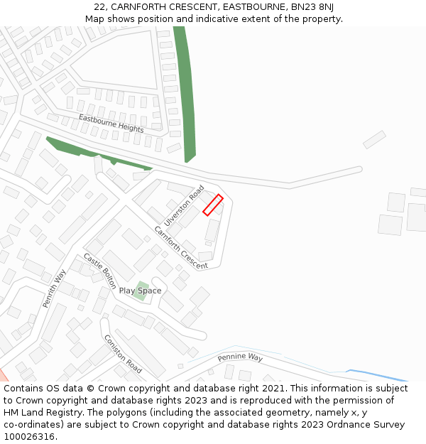 22, CARNFORTH CRESCENT, EASTBOURNE, BN23 8NJ: Location map and indicative extent of plot