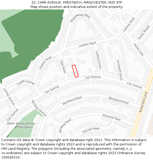 22, CARR AVENUE, PRESTWICH, MANCHESTER, M25 9TP: Location map and indicative extent of plot