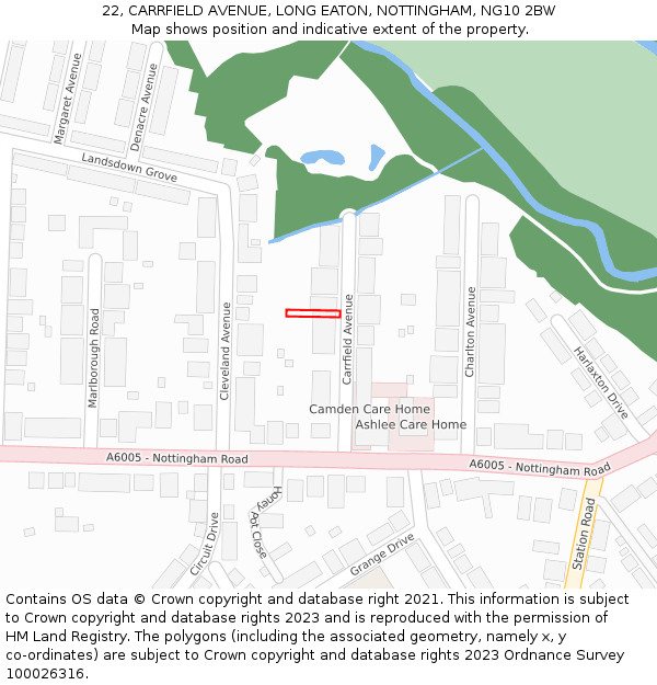 22, CARRFIELD AVENUE, LONG EATON, NOTTINGHAM, NG10 2BW: Location map and indicative extent of plot