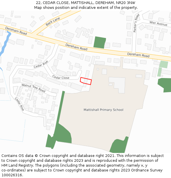 22, CEDAR CLOSE, MATTISHALL, DEREHAM, NR20 3NW: Location map and indicative extent of plot