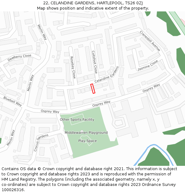 22, CELANDINE GARDENS, HARTLEPOOL, TS26 0ZJ: Location map and indicative extent of plot