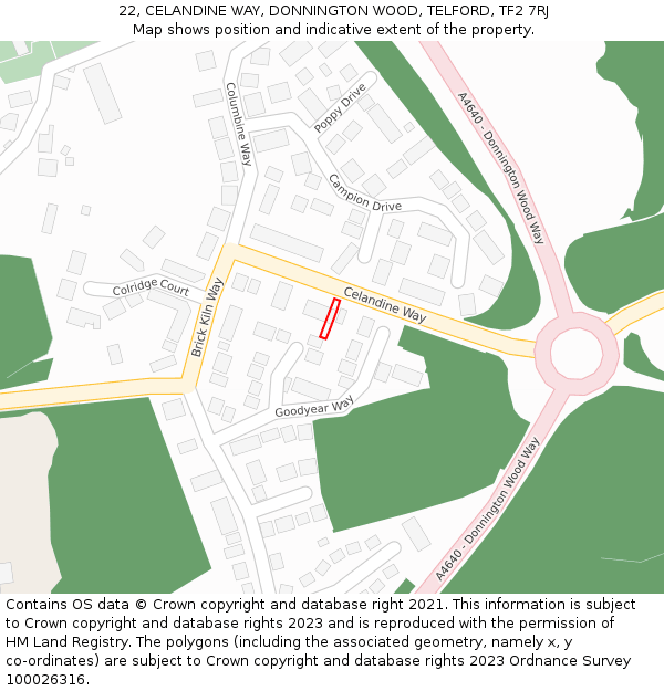 22, CELANDINE WAY, DONNINGTON WOOD, TELFORD, TF2 7RJ: Location map and indicative extent of plot