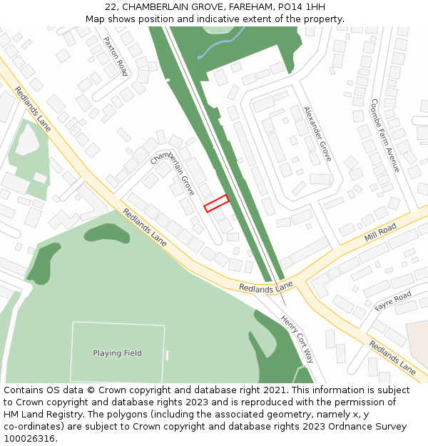 22, CHAMBERLAIN GROVE, FAREHAM, PO14 1HH: Location map and indicative extent of plot