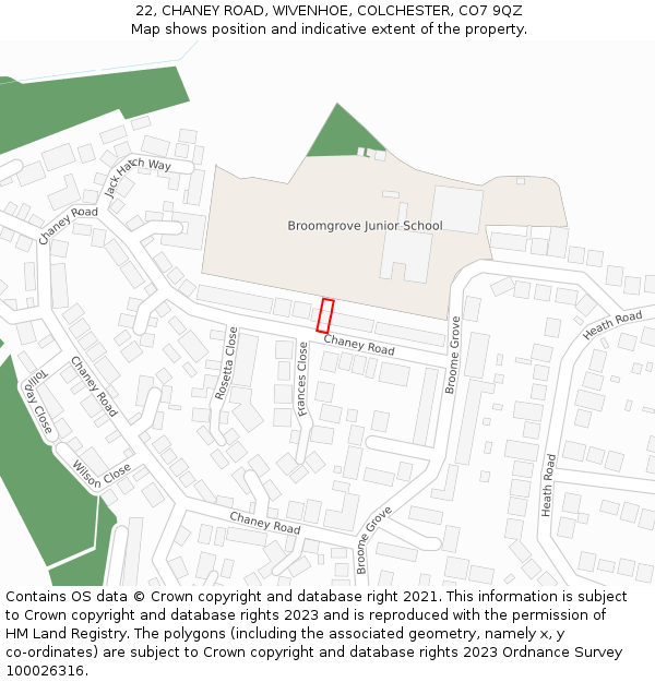 22, CHANEY ROAD, WIVENHOE, COLCHESTER, CO7 9QZ: Location map and indicative extent of plot