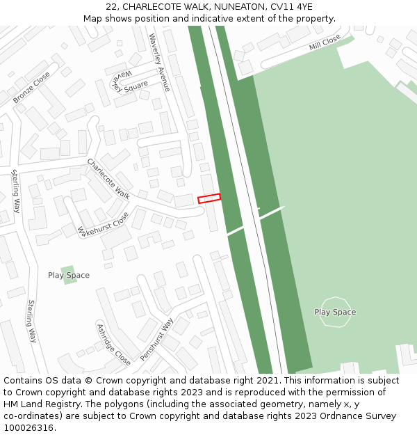 22, CHARLECOTE WALK, NUNEATON, CV11 4YE: Location map and indicative extent of plot