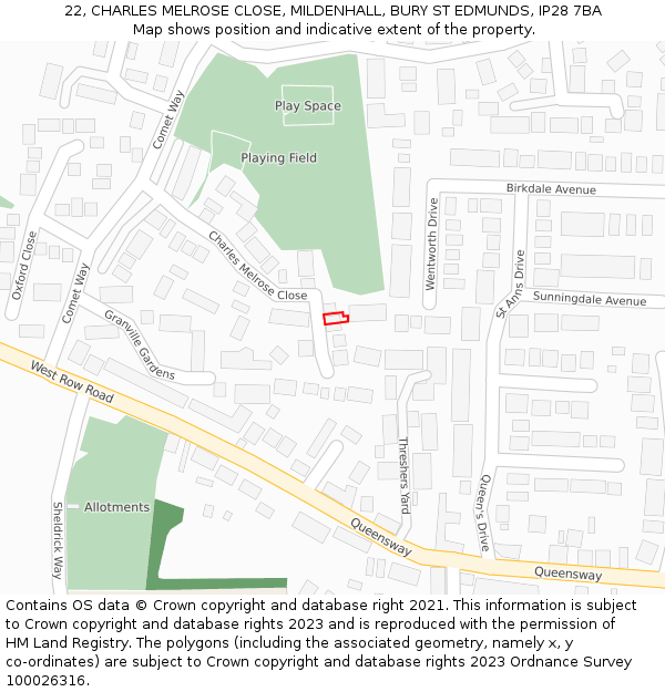 22, CHARLES MELROSE CLOSE, MILDENHALL, BURY ST EDMUNDS, IP28 7BA: Location map and indicative extent of plot