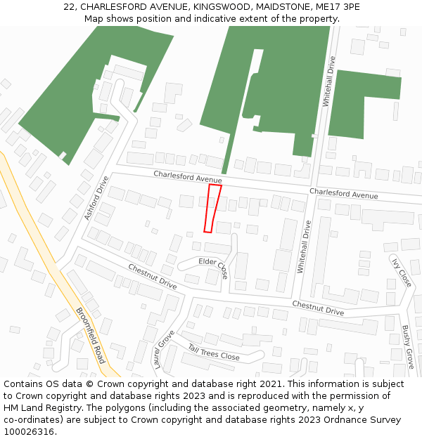 22, CHARLESFORD AVENUE, KINGSWOOD, MAIDSTONE, ME17 3PE: Location map and indicative extent of plot