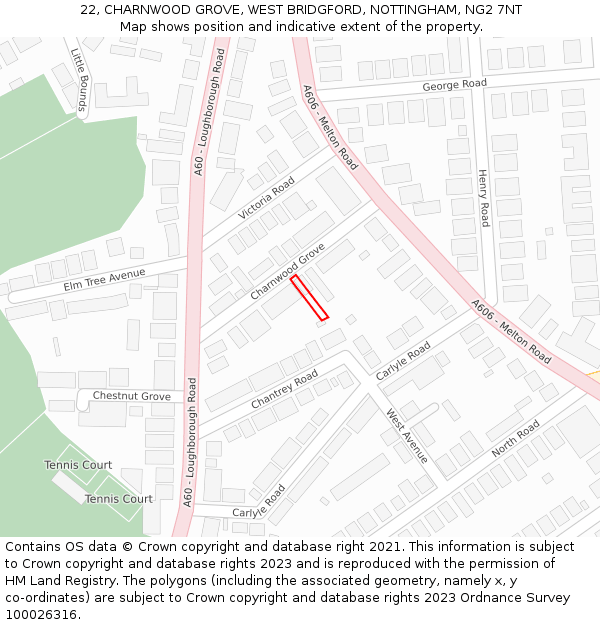 22, CHARNWOOD GROVE, WEST BRIDGFORD, NOTTINGHAM, NG2 7NT: Location map and indicative extent of plot