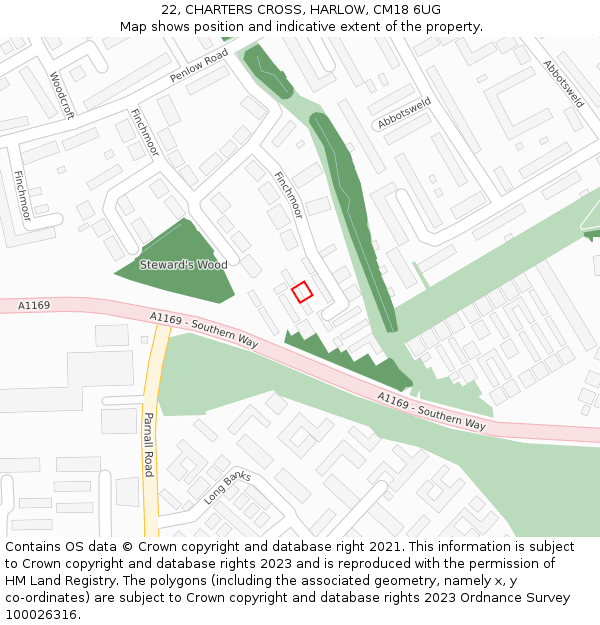 22, CHARTERS CROSS, HARLOW, CM18 6UG: Location map and indicative extent of plot