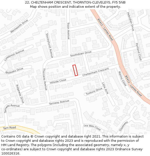 22, CHELTENHAM CRESCENT, THORNTON-CLEVELEYS, FY5 5NB: Location map and indicative extent of plot