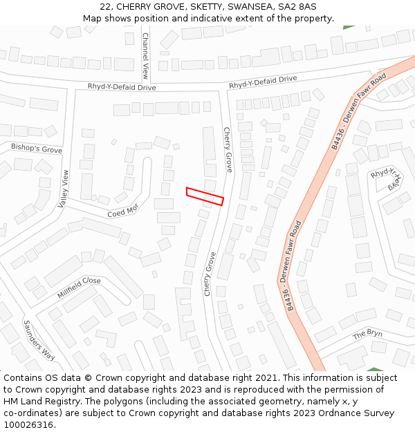 22, CHERRY GROVE, SKETTY, SWANSEA, SA2 8AS: Location map and indicative extent of plot