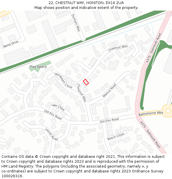 22, CHESTNUT WAY, HONITON, EX14 2UA: Location map and indicative extent of plot