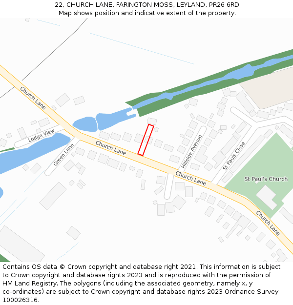 22, CHURCH LANE, FARINGTON MOSS, LEYLAND, PR26 6RD: Location map and indicative extent of plot