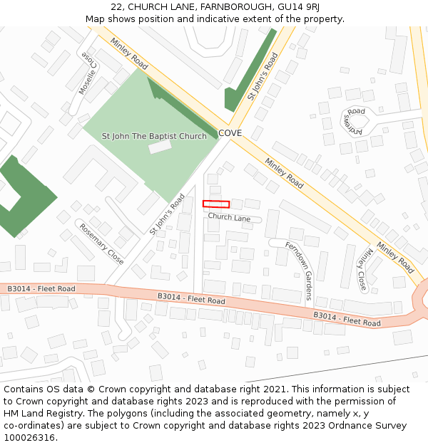 22, CHURCH LANE, FARNBOROUGH, GU14 9RJ: Location map and indicative extent of plot