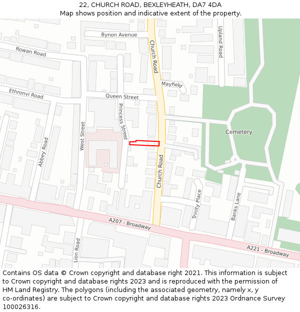 22, CHURCH ROAD, BEXLEYHEATH, DA7 4DA: Location map and indicative extent of plot