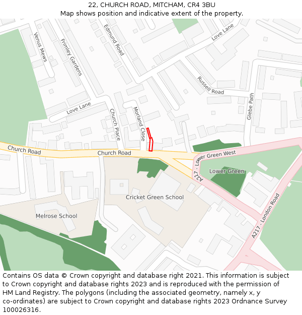 22, CHURCH ROAD, MITCHAM, CR4 3BU: Location map and indicative extent of plot