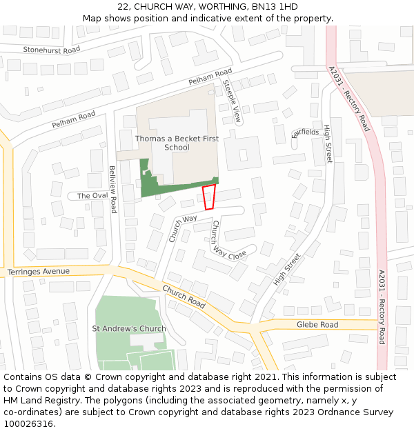 22, CHURCH WAY, WORTHING, BN13 1HD: Location map and indicative extent of plot