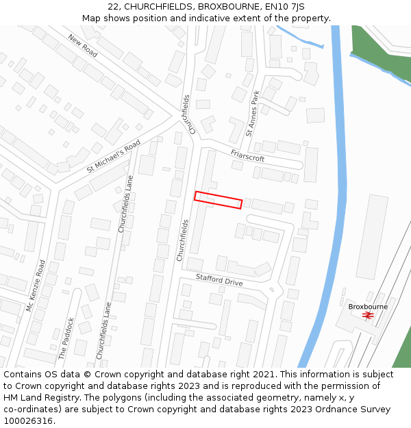 22, CHURCHFIELDS, BROXBOURNE, EN10 7JS: Location map and indicative extent of plot