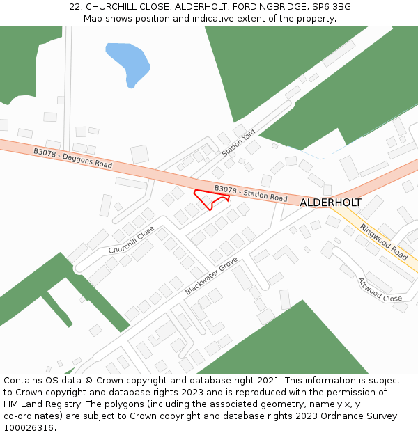 22, CHURCHILL CLOSE, ALDERHOLT, FORDINGBRIDGE, SP6 3BG: Location map and indicative extent of plot