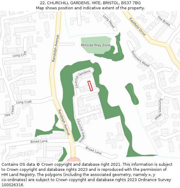 22, CHURCHILL GARDENS, YATE, BRISTOL, BS37 7BG: Location map and indicative extent of plot