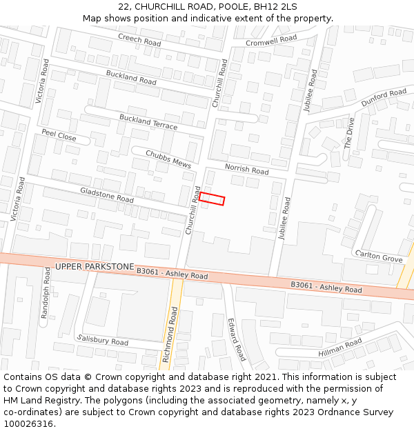 22, CHURCHILL ROAD, POOLE, BH12 2LS: Location map and indicative extent of plot